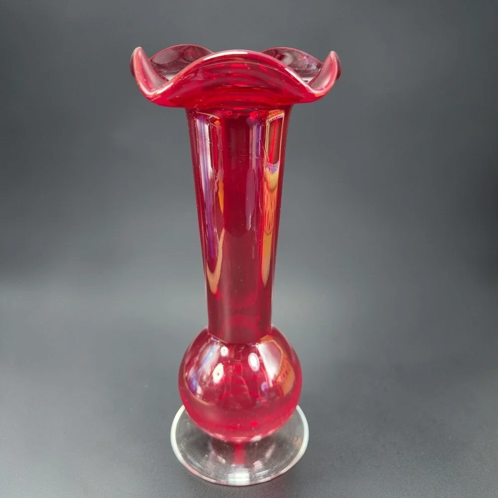 Vintage Ruby Red Crackle Art Glass Bud Vase Ruffled‎ Rim Clear Base 1990s Vase